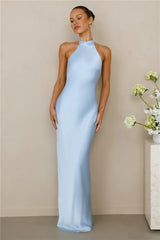 The Cleo Halter Satin Maxi Dress Blue