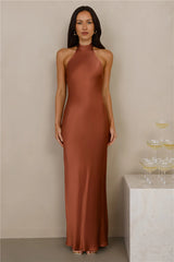 The Cleo Halter Satin Maxi Dress Copper