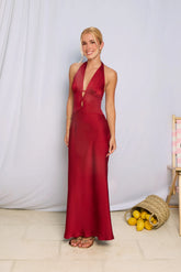 Flowers For Myself Satin Halter Maxi Dress Maroon