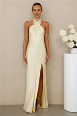 The Adeline Halter Satin Maxi Dress Yellow