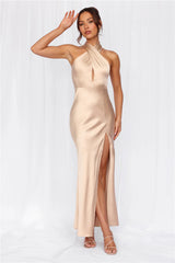 The Adeline Halter Satin Maxi Dress Champagne