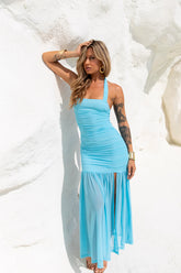 Formal Chic Mesh Halter Maxi Dress Blue