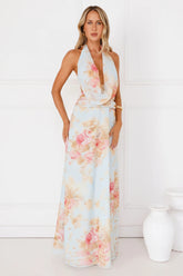 Dreamy Petals Halter Maxi Dress Blue