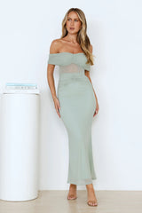 Swan Song Off Shoulder Mesh Maxi Dress Sage