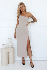 Weekly Wear One Shoulder Ribbed Maxi Dress Light Brown
