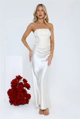 Dressed To Dazzle Strapless Satin Maxi Dress Ivory