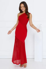 Vibe Style One Shoulder Mesh Maxi Dress Red