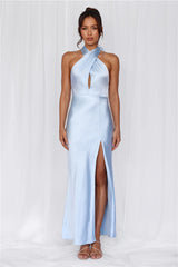 The Adeline Halter Satin Maxi Dress Blue