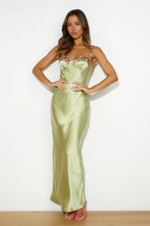 Flower Chains Satin Maxi Dress Green