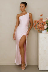 The Aurora One Shoulder Satin Maxi Dress Pink