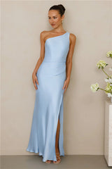 The Aurora One Shoulder Satin Maxi Dress Blue
