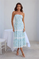Under Palm Trees Strapless Midi Dress Blue