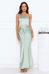 Dusk Enchantress One Shoulder Satin Maxi Dress Green