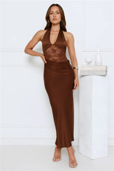 Unlimited Fun Satin Lace Halter Maxi Dress Brown