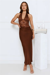 Unlimited Fun Satin Lace Halter Maxi Dress Brown