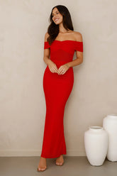 Swan Song Off Shoulder Mesh Maxi Dress Red