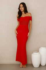 Swan Song Off Shoulder Mesh Maxi Dress Red