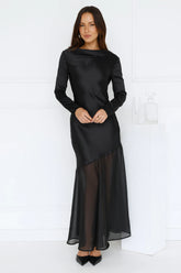 Exquisite Luxury Satin Long Sleeve Maxi Dress Black