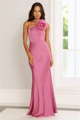 Flowered Opulence One Shoulder Satin Maxi Dress Mauve