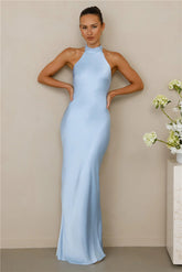 The Cleo Halter Satin Maxi Dress Blue