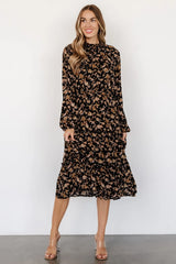 Kenice Mock Neck Dress | Black + Camel Print