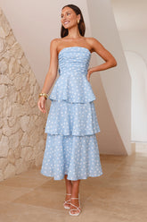 Dotty Delight Strapless Maxi Dress Blue
