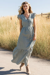 Hettie Button Maxi Dress | Green Stripe