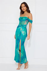 Timeless Grace Off Shoulder Mesh Maxi Dress Green
