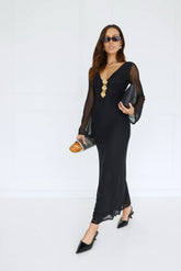 Golden Flower Mesh Long Sleeve Maxi Dress Black