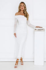 Curve Embrace Off Shoulder Mesh Maxi Dress White