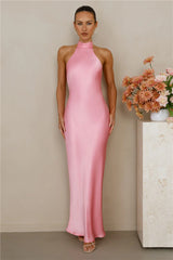 The Cleo Halter Satin Maxi Dress Candy