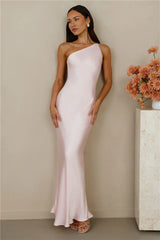 The Evangeline One Shoulder Satin Maxi Dress Pink