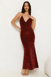 Zebra Charm Halter Maxi Dress Red