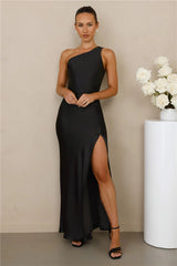 The Aurora One Shoulder Satin Maxi Dress Black