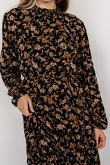 Kenice Mock Neck Dress | Black + Camel Print