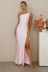 The Aurora One Shoulder Satin Maxi Dress Pink