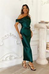 Forest Glimmer Off Shoulder Satin Midi Dress Green