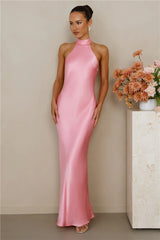 The Cleo Halter Satin Maxi Dress Candy