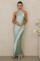 The Cleo Halter Satin Maxi Dress Sage