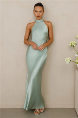 The Cleo Halter Satin Maxi Dress Sage