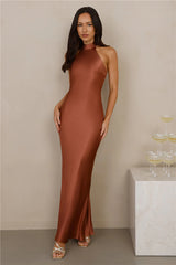 The Cleo Halter Satin Maxi Dress Copper