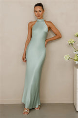 The Cleo Halter Satin Maxi Dress Sage