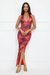 Watermelon Splash Halter Mesh Maxi Dress Red