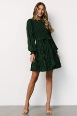 Ivey Smocked Short Dress | Dark Green + Silver