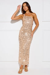 Glittering Gaze Sequin One Shoulder Maxi Dress Gold