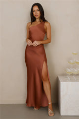 The Aurora One Shoulder Satin Maxi Dress Copper