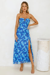 Gatsby Glow Strapless Mesh Maxi Dress Blue