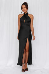 The Adeline Halter Satin Maxi Dress Black