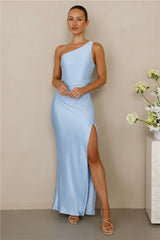 The Aurora One Shoulder Satin Maxi Dress Blue