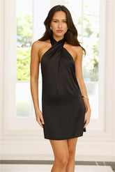 Exclusive Parties Halter Satin Mini Dress Black